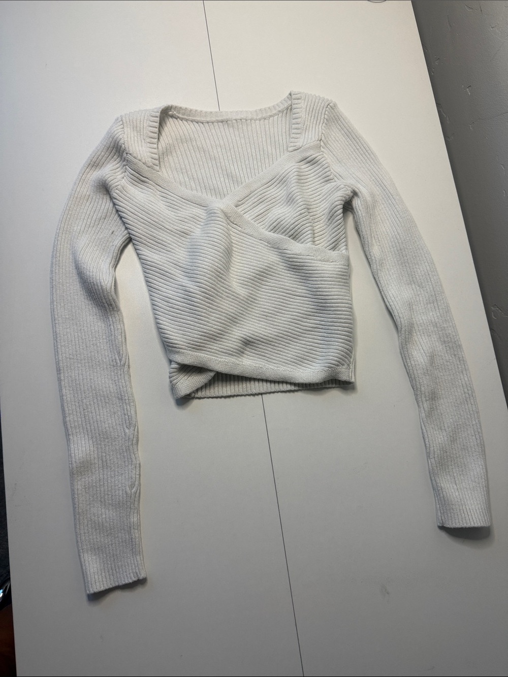 White Ribbed Wrap-Style Knit Long Sleeve Top